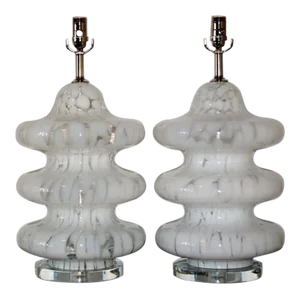 Carlo Nason Vintage Murano Glass Table Lamps in Clear and White - a Pair