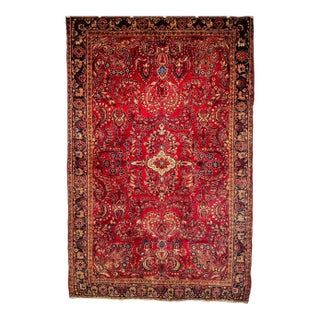 Antique Persian Sarouk Area Rug, Hand-Knotted Wool, Allover Floral Pattern, 4x6, Red & Navy For Sale