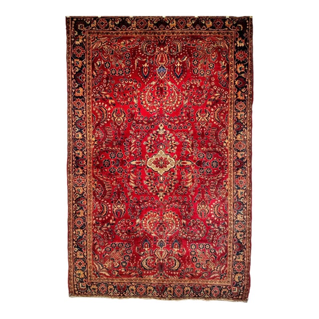 Antique Persian Sarouk Area Rug, Hand-Knotted Wool, Allover Floral Pattern, 4x6, Red & Navy For Sale