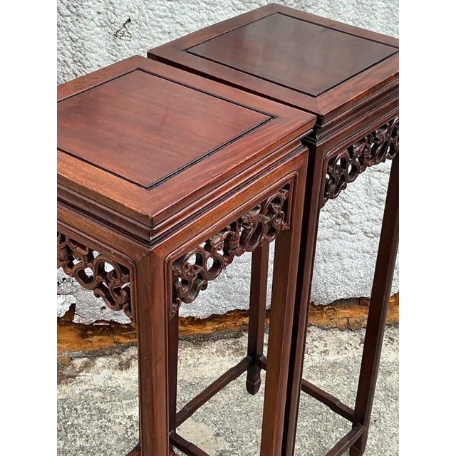 Mid 20th Century Vintage Asian Carved Rosewood Pedestals - a Pair For Sale - Image 5 of 6