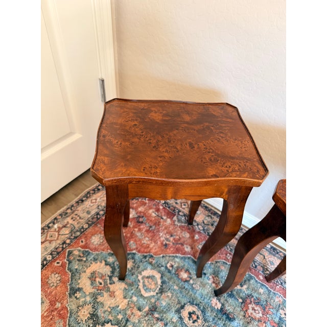 Pair of Vintage Italian Burl Wood End Tables | Made in Italy Rococo Style Accent Tables For Sale - Image 4 of 12
