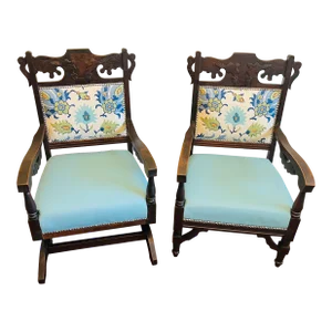 Antique 1800s Victorian Carved Chairs in Brunschwig & Fils Kashmiri Peridot Aquamarine and Italian Leather - a Pair