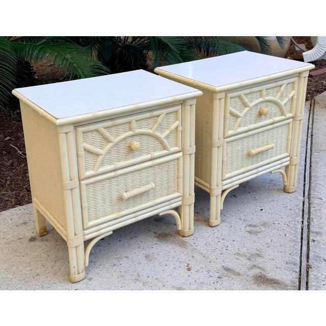Pair of 1970 Faux Bamboo Woven Rattan Nightstands in nice as found vintage condition. These are a wonderful soft buttery...