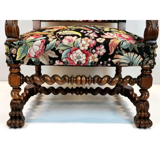 Wood Antique Louis XIII and Renaissance Walnut Armchairs with Parrot Upholstery, 1890s, Set of 2 For Sale - Image 7 of 18