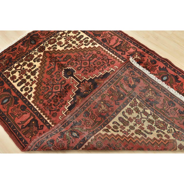 Hamedan Rug 4'3'' X 6'5'' Red Wool Vintage Tribal Hand-Knotted Oriental Carpet For Sale - Image 14 of 15