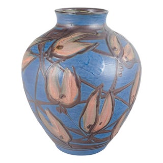 Large Blue Glazed Stoneware Vase and Floral Decorationation from Kähler, 1930s For Sale