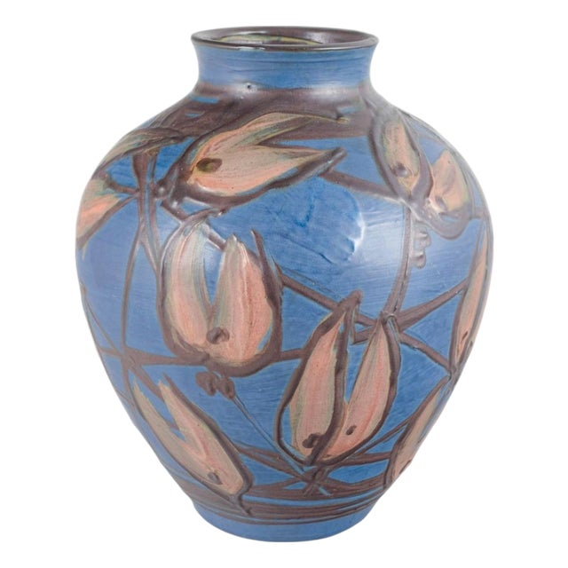 Large Blue Glazed Stoneware Vase and Floral Decorationation from Kähler, 1930s For Sale