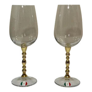 Pair Large Handmade Italian Crystal Elegant Wine Goblets Gold Plated Stems With Faceted Gems