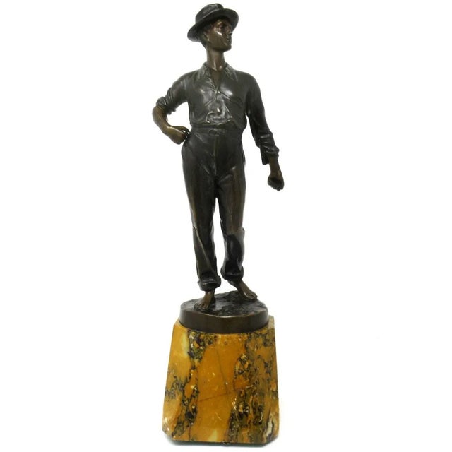 Antique German Bronze Male Boy Figure Sienna Marble Constantin Holand Art Deco For Sale - Image 12 of 12