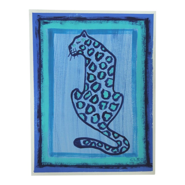 Leopard Minimalist Abstract Contemporary Blue Original Painting Cleo Plowden For Sale