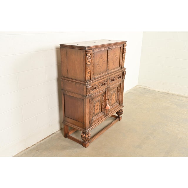 Berkey & Gay Antique English Jacobean Carved Oak Bar Cabinet, Circa 1920s For Sale - Image 4 of 18