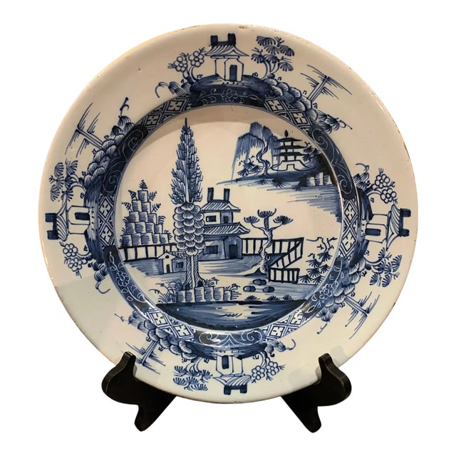 19th Century Hand Painted English Delft Chinoiserie Decorated Charger For Sale