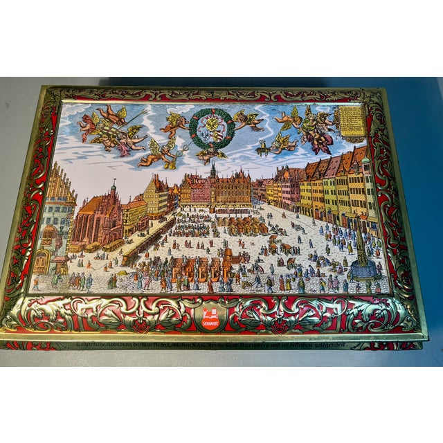 Green Large Biscuit Tin Schmidt Lithographed Gingerbread Cookie Tin Year 2000 Historical Illustrations For Sale - Image 8 of 10