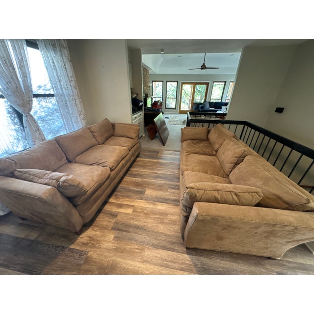 Milo Baughman 94" Custom Camel Microfiber Down-Filled Cloud Sofas in the Style of Milo Baughman - Pair For Sale - Image 4 of 12
