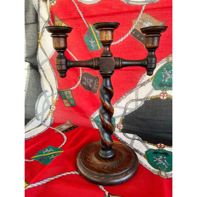 1900 - 1909 Pair Antique English Oak Barley Twist Candlesticks Candelabras Candle Holders For Sale - Image 5 of 18