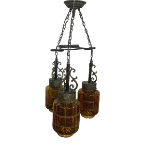 Mid Century Spanish Gothic 3 Pendant Amber Swag Chandelier