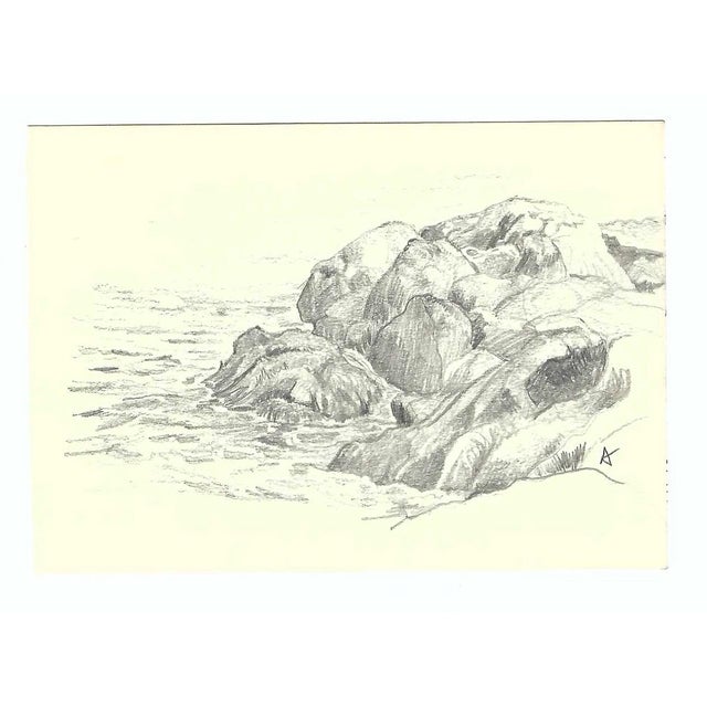 Rocky beach drawing on paper by Robert Henry Angeloch (1922-2011). Signed with an A lower right and bearing estate stamp...