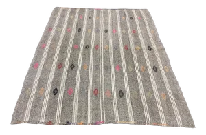 1960s Vintage Stripe Embroidered Turkish Anatolian Primitive Kilim Rug- 6′1″ × 7′10″
