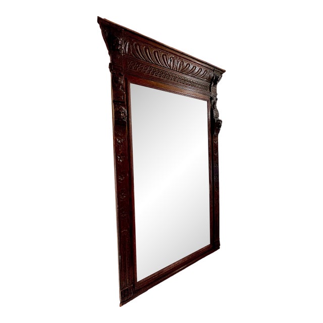 19th Century Renaissance Revival Hand-Carved Walnut Wall Mirror With Original Foxed Glass For Sale