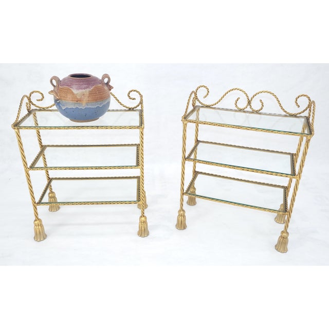 Hollywood Regency Pair of Italian 3 TierGold Gilt "Twisted Rope" Iron Side End Tables Stands MINT For Sale - Image 3 of 15