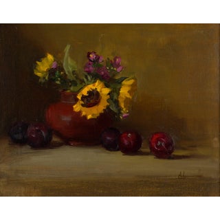 Sun Flowers by Nancy Chaboun | Oil on canvas Still life with sunflowers and fruit in a vase. For Sale