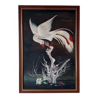 1970s Vintage Surrealist Bird & Tree Oil on Canvas Painting, Framed, Signed b.d.c. For Sale