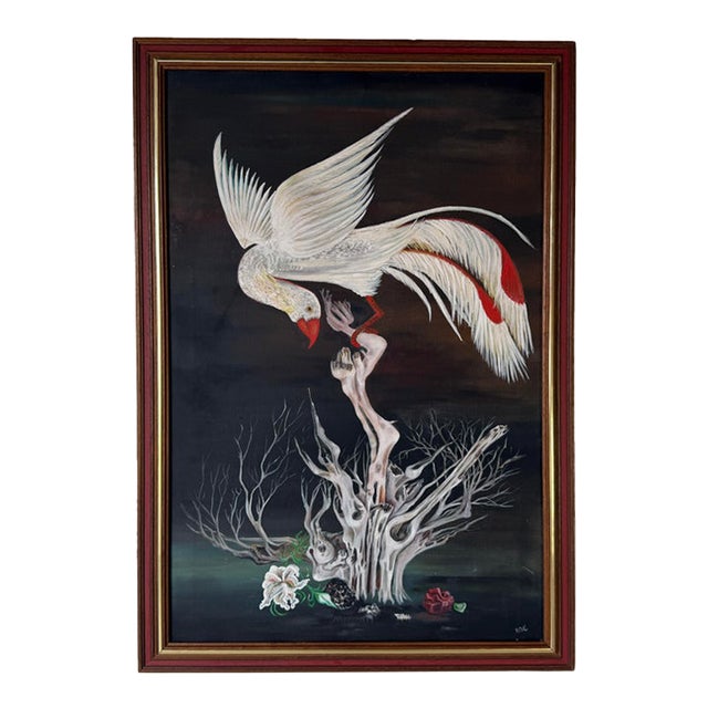1970s Vintage Surrealist Bird & Tree Oil on Canvas Painting, Framed, Signed b.d.c. For Sale
