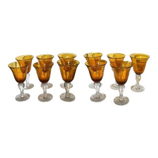 Vintage Artland Iris Amber Bubble Blown Glass Goblets - Set of 11 For Sale