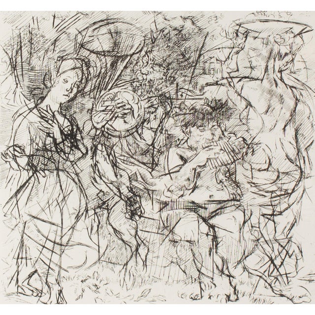 An etching by the American artist Jack Levine (1915-2010). Titled "Woodstock Pastoral," this etching depicts a dense array...