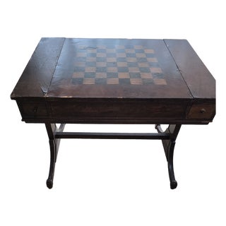 19th Century English Mahogany Games Table With Chess & Leather Backgammon Boards For Sale