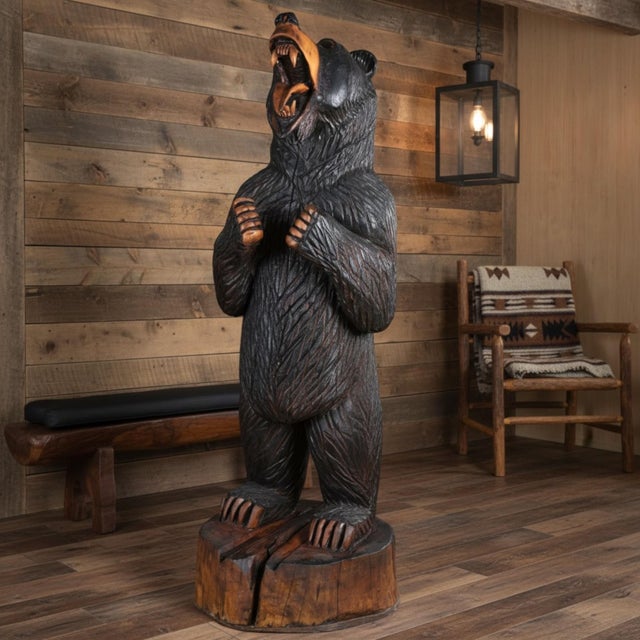 Black Life Size 6 Foot Handcrafted Wood Carved Black Bear Sculpture For Sale - Image 8 of 16