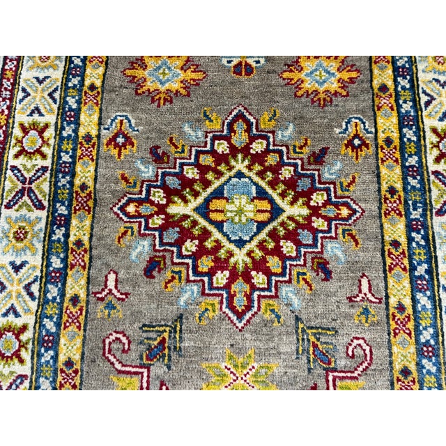 Extra-Long Olive Gold Kazak Wool Runner Rug With Geometric Medallions, 2'7" X 14'9" For Sale - Image 10 of 15