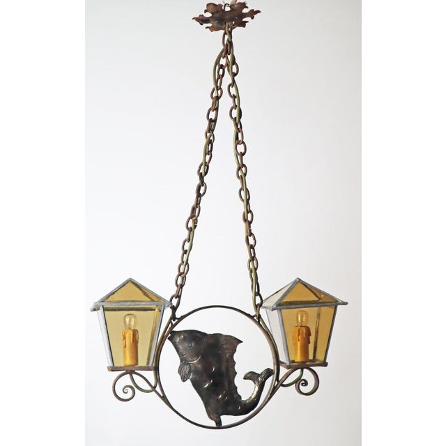 Arts and Crafts Wrought Iron and Leaded Glass Fish Pendant Lamp, Germany, 1920s For Sale - Image 15 of 15