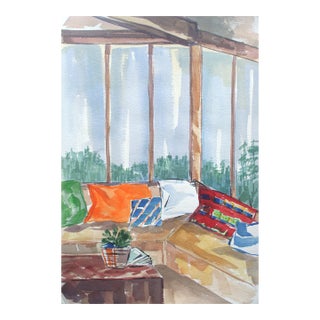 "Living Room View" Interior Watercolor Still Life by Doris Warner For Sale