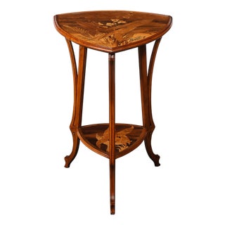 Art Nouveau Inlaid Naturalist Marquetry 2-Tier Side Table Signed Emile Galle For Sale