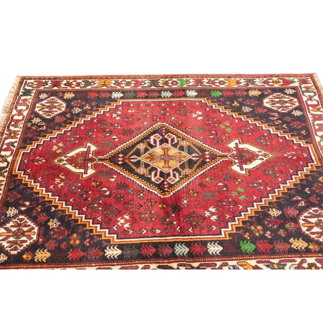 Vintage Hand-Knotted Persian Qashqai Rug 4'6" X 5'6" For Sale - Image 10 of 18
