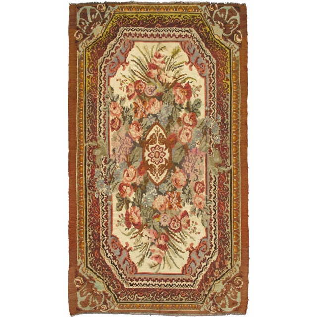 Handwoven Kilim Rug With Ornate Floral Medallion in Cream, Rose, Olive 7'7 X 13' For Sale In Atlanta - Image 6 of 6