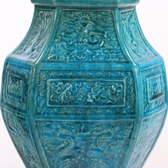 20th Century Chinese Fahua-Style Turquoise Glazed Hexagonal Vase, Mounted as Lamp For Sale - Image 4 of 4