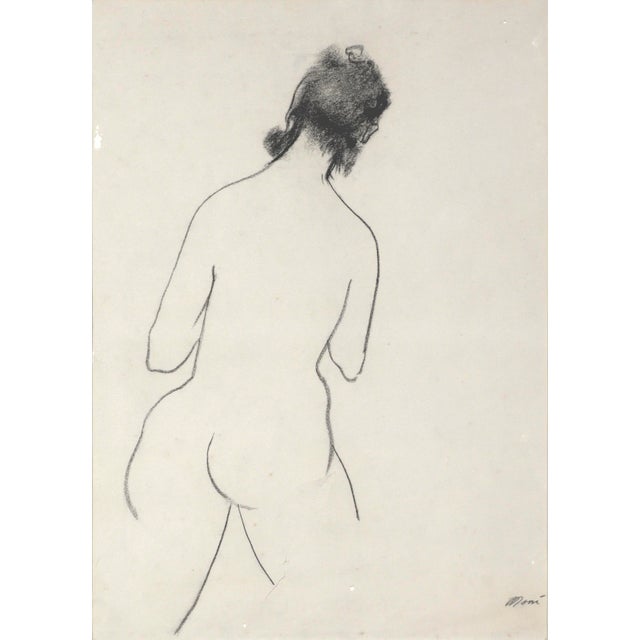 Mid Century Figurative Charcoal Line Drawing, "Girl Walking Away" Wonderful mid century figurative nude charcoal line...