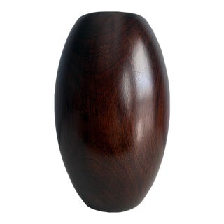 Dark Walnut Vase With Sculptural Form and Expressive Grain For Sale