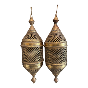 Pair of Vintage Sarna Brass Moroccan Style Ceiling Hanging Lanterns