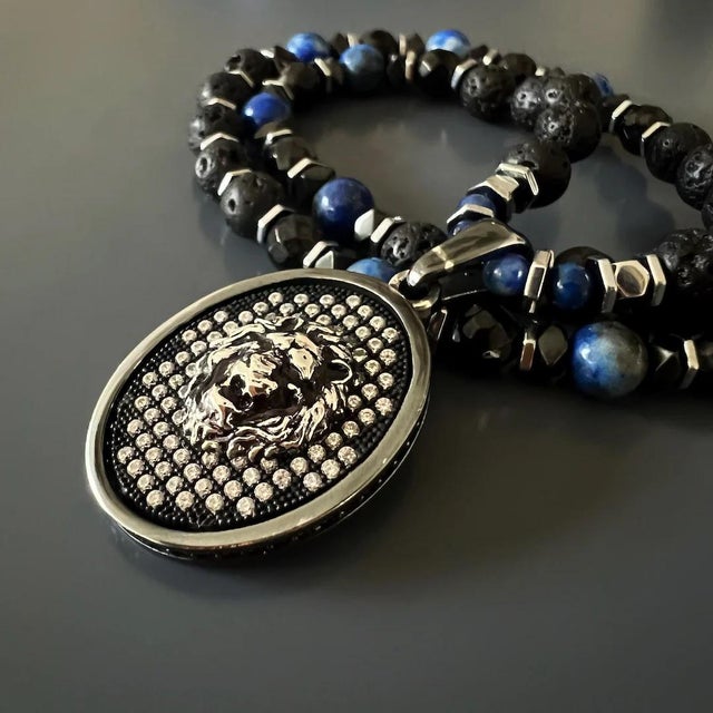Powerful Silver Black Lion Men Beaded Necklace For Sale - Image 11 of 14