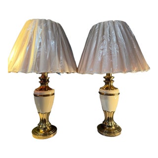 Vintage Rembrandt Ivory Enamel & Marble Table Lamps With Original Shades — A Neoclassical Pair For Sale