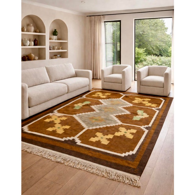 Mid Century Modern Vintage Swedish Handwoven Röllakan Wool Rug | Large 1970’s Scandinavian Geometric Flatweave Carpet For Sale In New York - Image 6 of 11