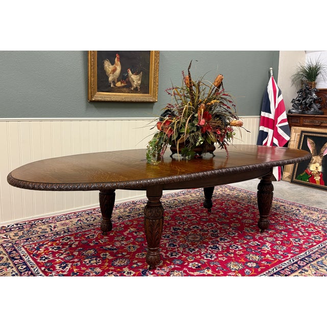 Wood Antique English Butterfly Leaf Oval Carved Dining Table 118" Tiger Oak C1920-30s For Sale - Image 7 of 17