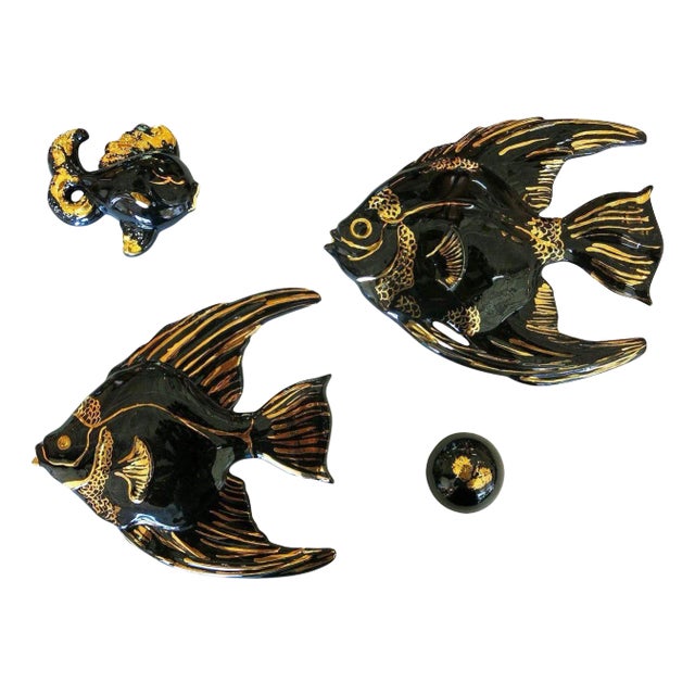 Mid-Century Ceramic Black & Gold Plaster Aquatic Angelfish Wall Art, Set of 4 For Sale