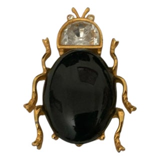Large Vintage Gold Black Gold and Glass Beetle Brooch For Sale