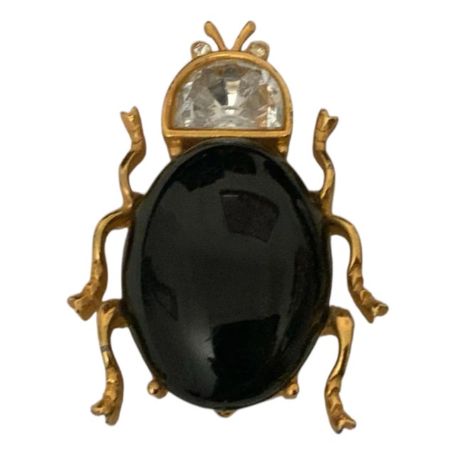Large Vintage Gold Black Gold and Glass Beetle Brooch For Sale
