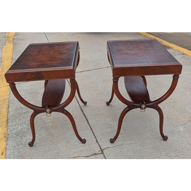 1950s Regency Leather Top Mahogany Side Table With Curule Legs - A Pair For Sale - Image 9 of 16