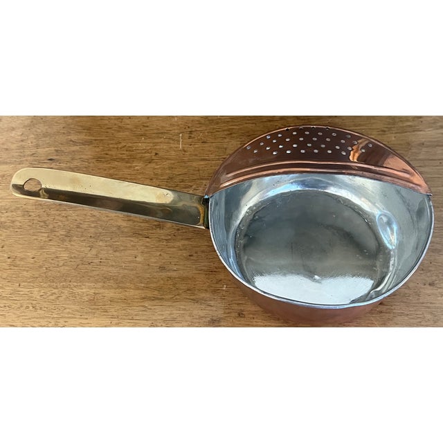 Metal Vintage Tinned Copper Pot With Strainer & Brass Handle For Sale - Image 7 of 9